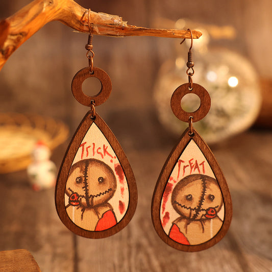 Trick or Treat Wooden Teardrop Shape Earrings