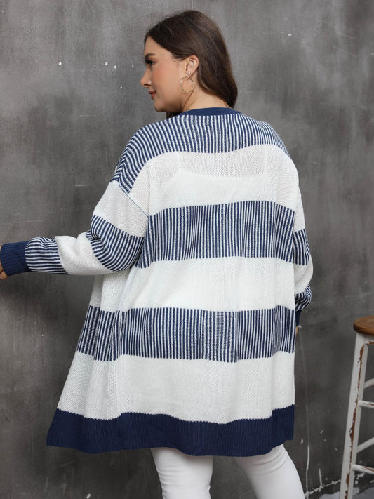 Plus Size Stripe Open Front Long Sleeve Cardigan