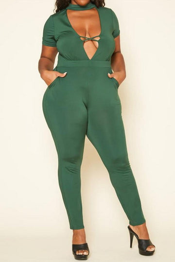 Green Plus Size Deep V Neck Bodycon Jumpsuit