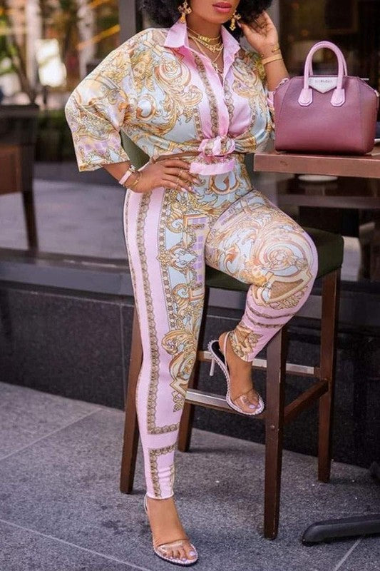 Printed Lantern High Waist Pants Set