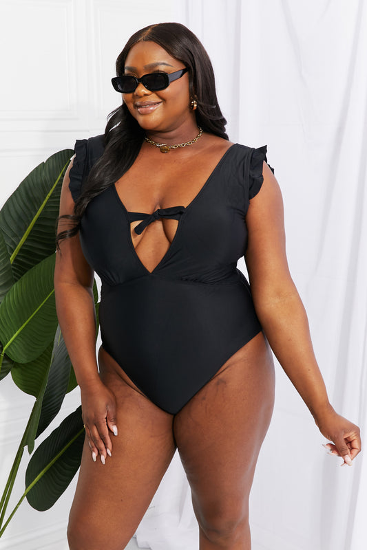 Full Size Seashell Ruffle Sleeve One-Piece in Black