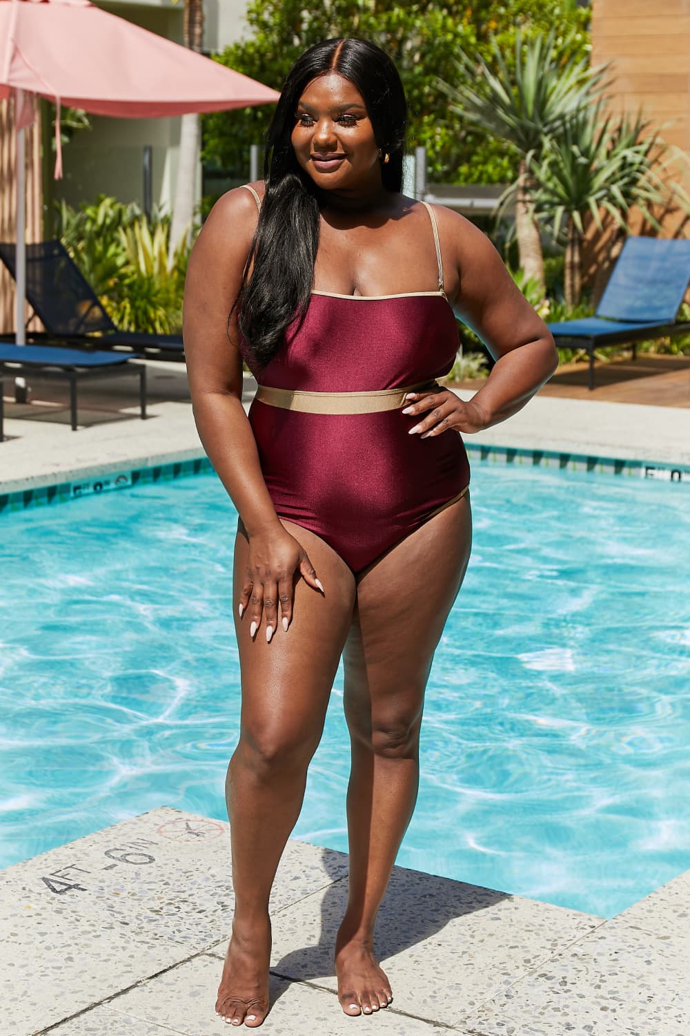 Full Size Contrast Trim One-Piece in Wine