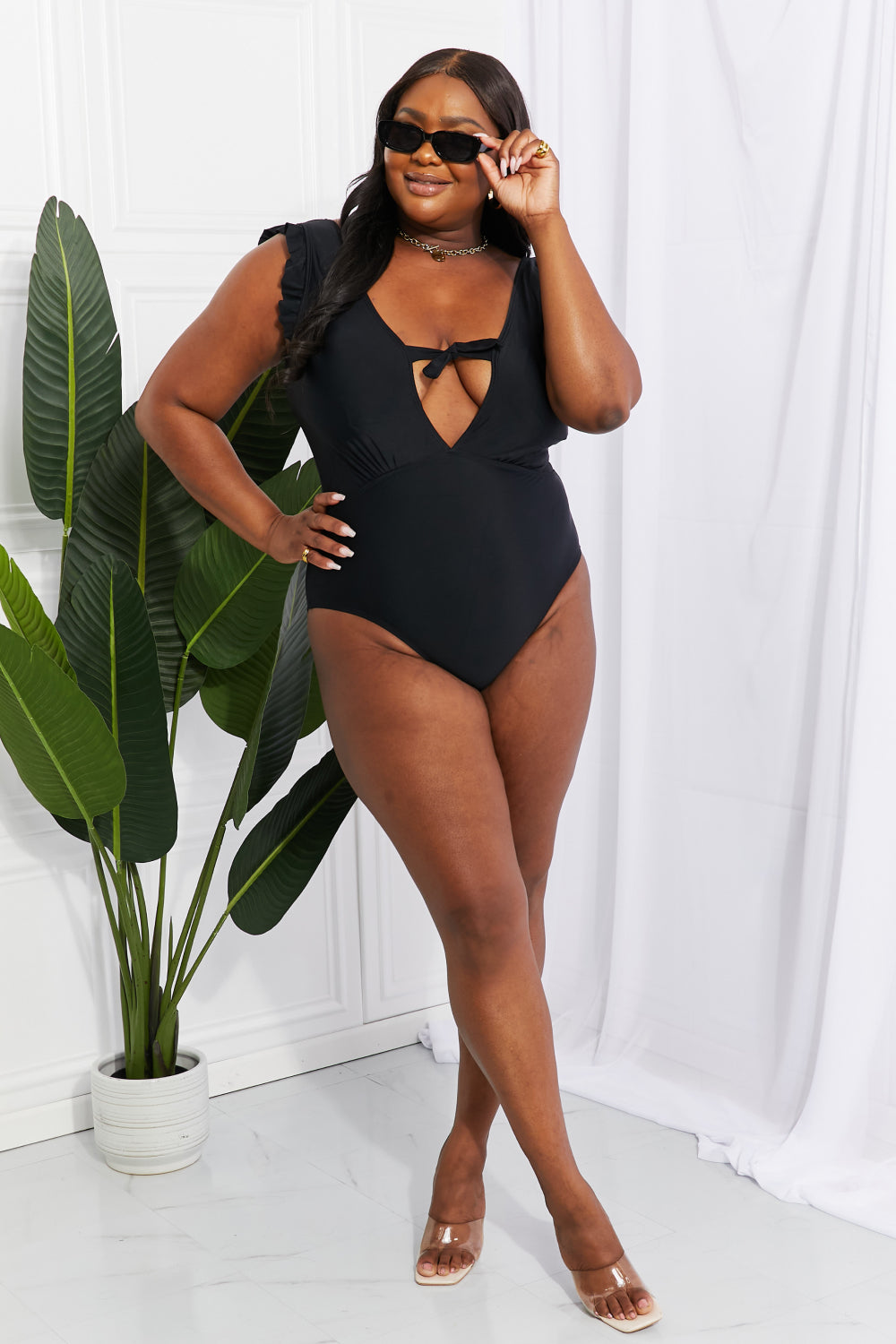 Full Size Seashell Ruffle Sleeve One-Piece in Black