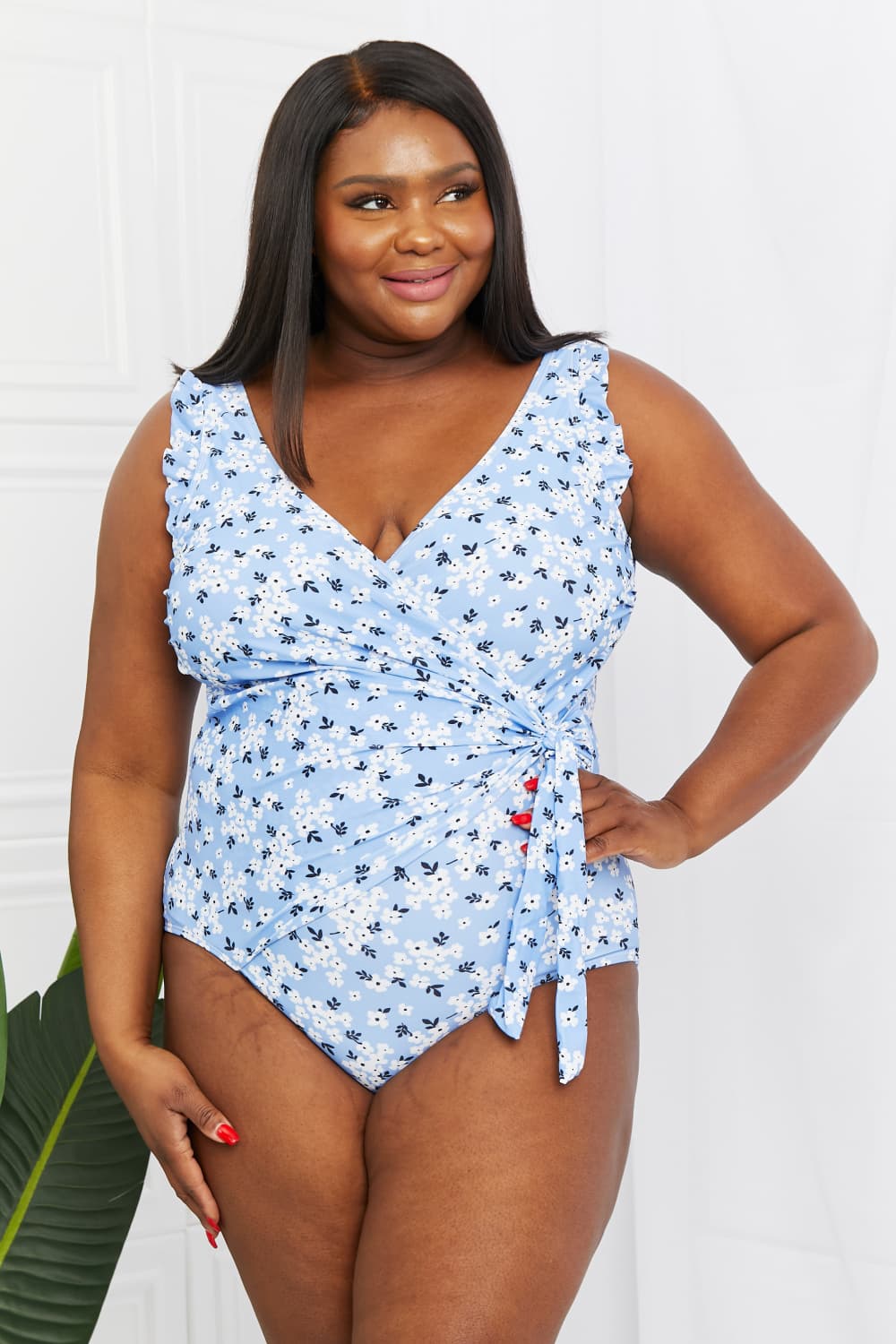 Full Size Float On Ruffle Faux Wrap One-Piece in Blossom Blue