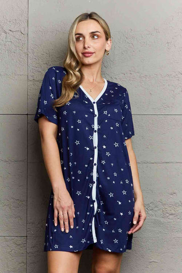 MOON NITE Navy Quilted Quivers Button Down Sleepwear Dress