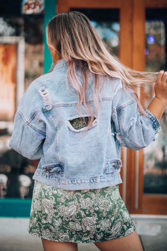 Distressed Drop Shoulder Denim Jacket - Light Blue