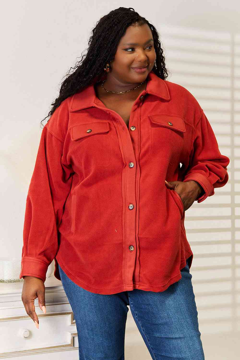 Heimish Cozy Girl Full Size Button Down Shacket - Rust