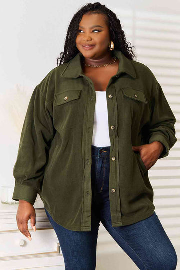 Heimish Cozy Girl Full Size Button Down Shacket Army Green