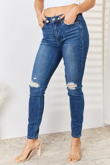 Judy Blue Full Size Blue High Waist Distressed Slim Jeans