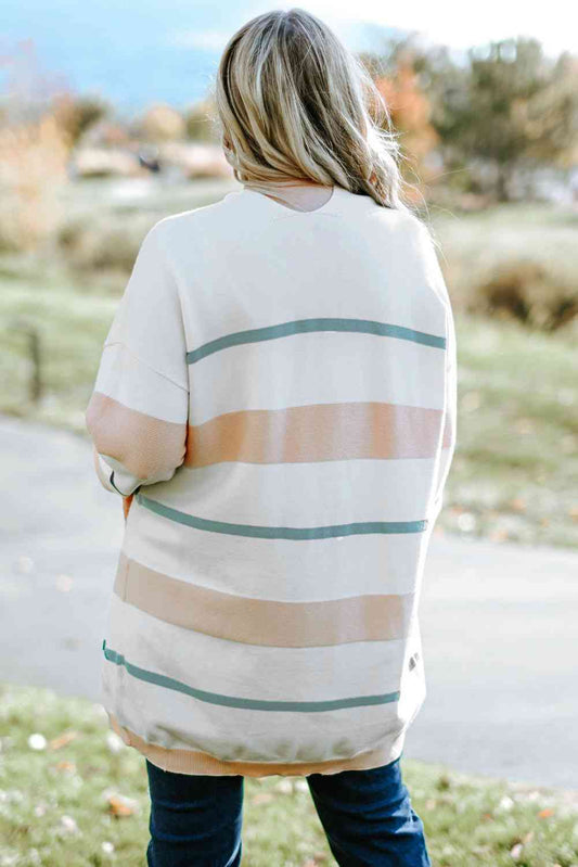 Plus Size Beige Striped Open Front Cardigan