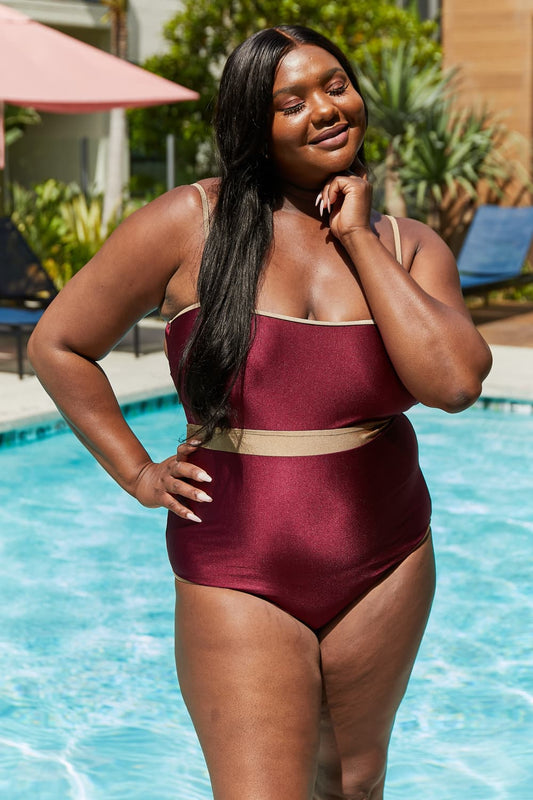 Full Size Contrast Trim One-Piece in Wine