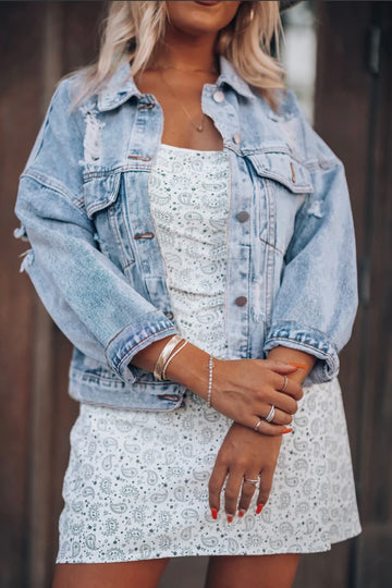 Distressed Drop Shoulder Denim Jacket - Light Blue