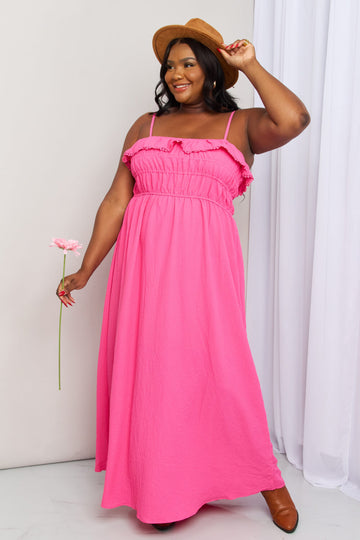 What In Carnation Full Size Shirred Sleeveless Maxi Dress