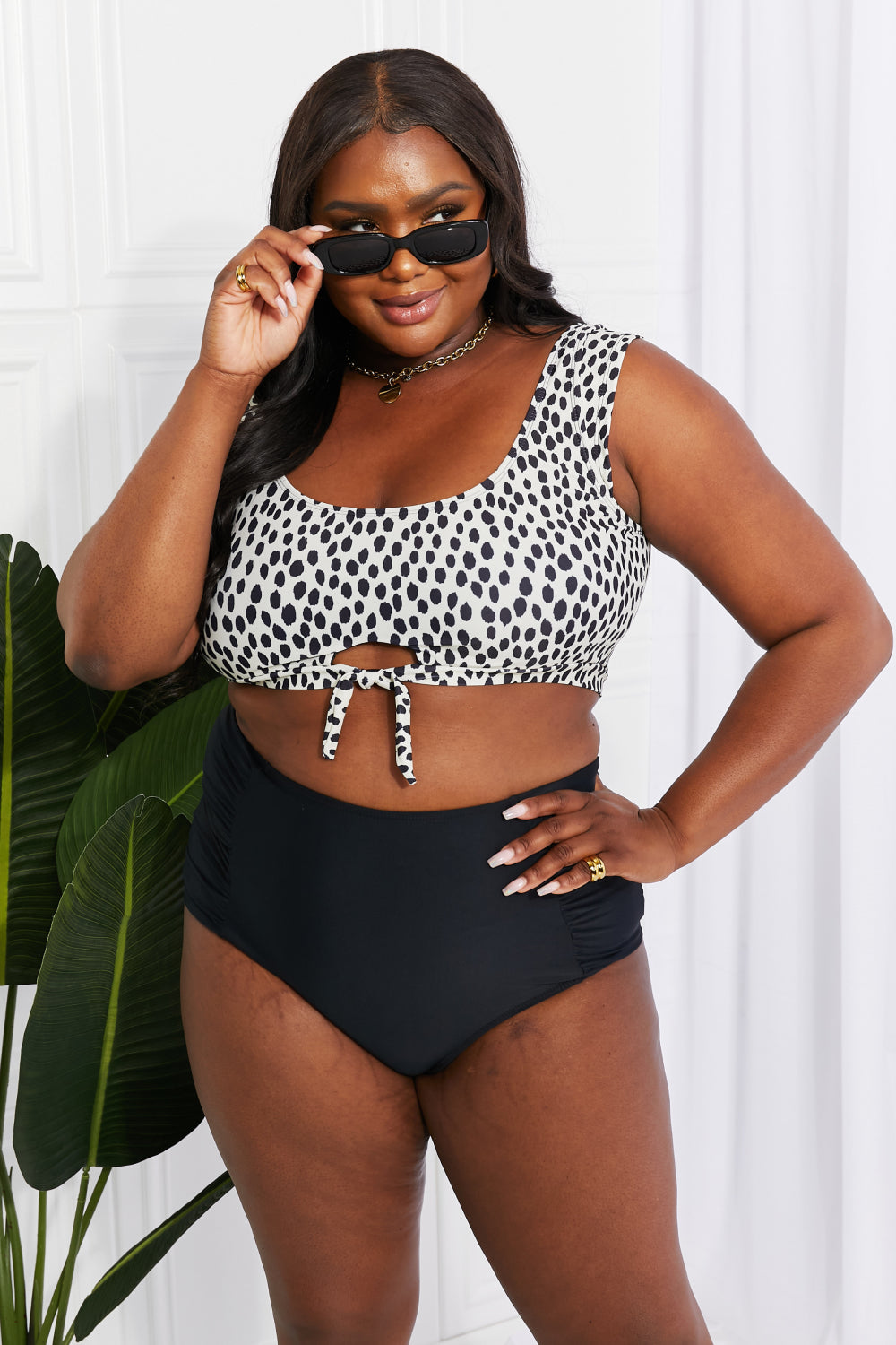 Full Size Crop Swim Top and Ruched Bottoms Set in Black