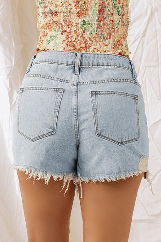 Distressed Denim Shorts - Light blue